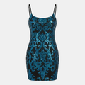 A bodycon mini dress covered in shimmering blue sequins over a black base, featuring thin black spaghetti straps, shown against a solid gray background.