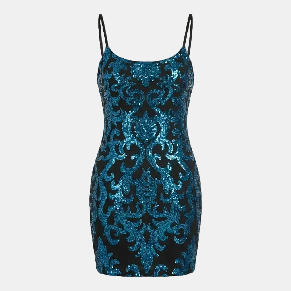 A bodycon mini dress covered in shimmering blue sequins over a black base, featuring thin black spaghetti straps, shown against a solid gray background.