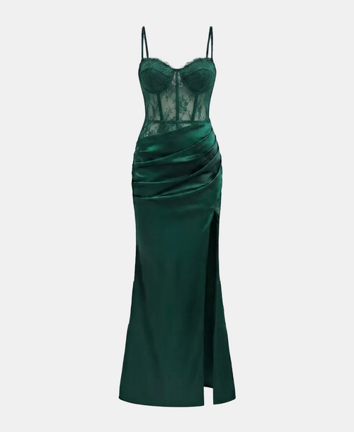 A dark green formal gown with a lace corset bodice, thin spaghetti straps, and a draped satin skirt with a side slit, shown against a light gray background.
