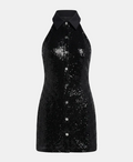 A black sequined halter dress with a pointed collar and a button-down front, shown against a light gray background.