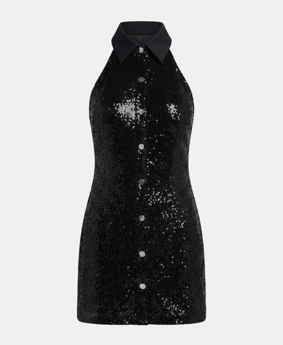 A black sequined halter dress with a pointed collar and a button-down front, shown against a light gray background.