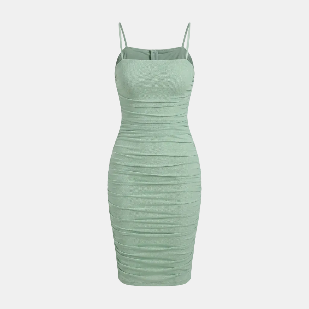 A sage green ruched spaghetti-strap mini dress shown on a ghost mannequin against a light gray background.