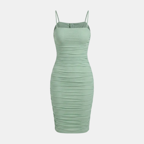 A sage green ruched spaghetti-strap mini dress shown on a ghost mannequin against a light gray background.