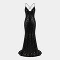 A floor-length black sequined gown with thin double crisscross spaghetti straps, a plunging V-neckline, and a slight train, displayed against a light gray studio background.