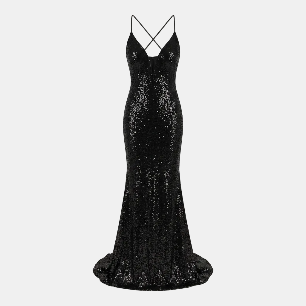 A floor-length black sequined gown with thin double crisscross spaghetti straps, a plunging V-neckline, and a slight train, displayed against a light gray studio background.