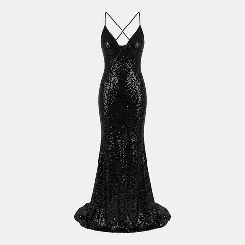 A floor-length black sequined gown with thin double crisscross spaghetti straps, a plunging V-neckline, and a slight train, displayed against a light gray studio background.