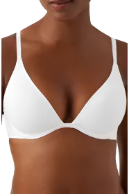 A close-up of a model wearing a white underwire bra against a plain white background.