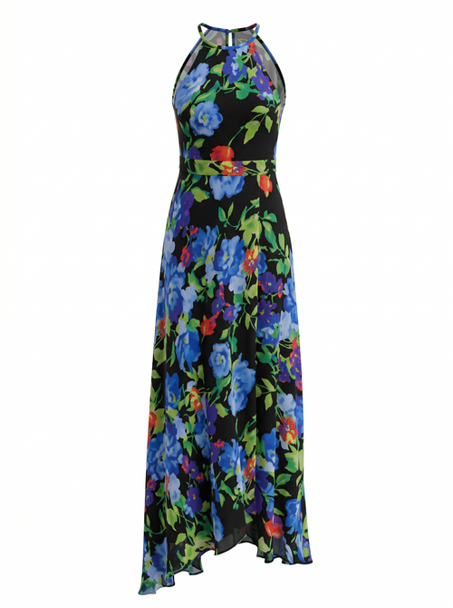 Floral dress with blue flowers on a black background