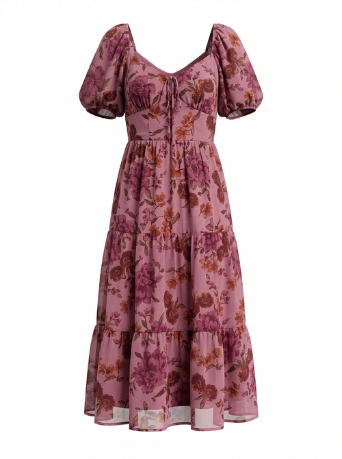 Geblümtes Puffärmel-Kleid