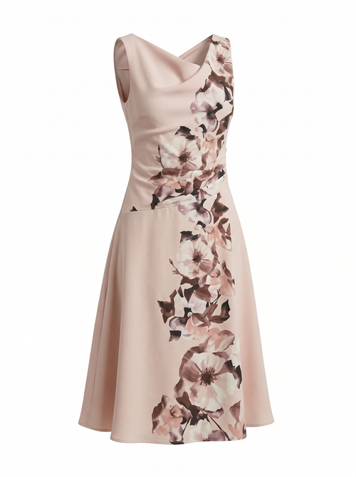 Ärmelloses Blumenkleid mit Wasserfallausschnitt