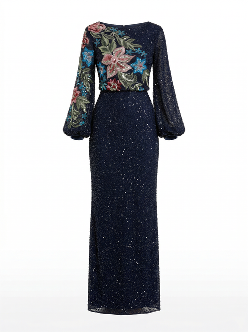 Langärmeliges florales Abendkleid