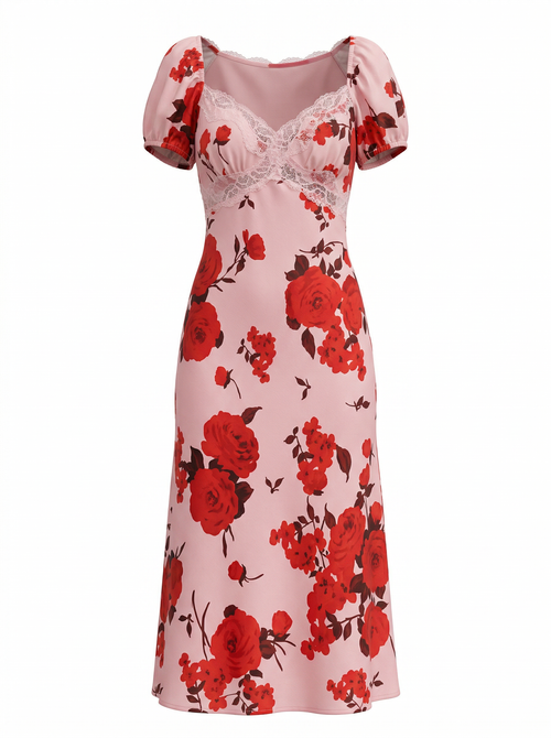 Kleid mit Blumendruck und Spitzenbesatz