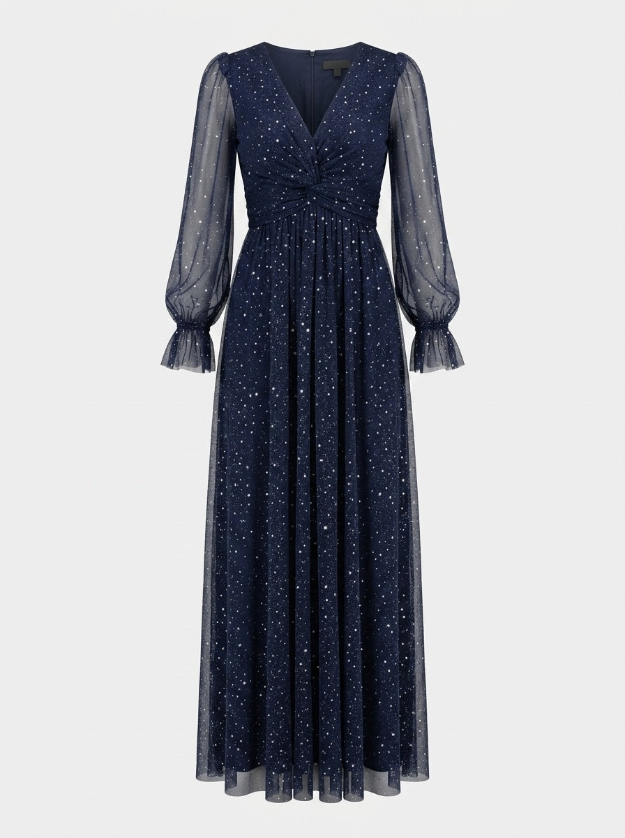 Twist-Front Pleated Mesh Gown