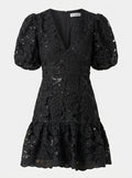 Sequin Open-Lace Puff-Sleeve Dress